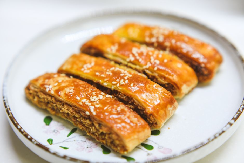 Baklava — Layered filo with nuts, bound in syrup or honey.