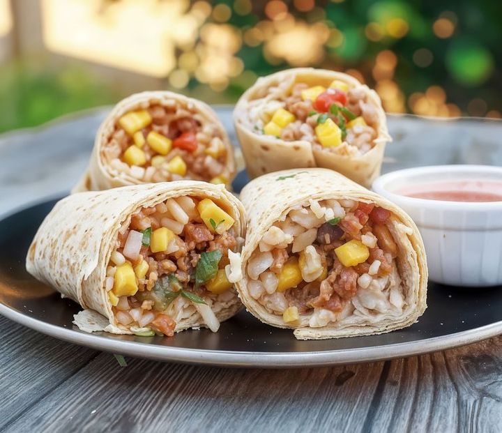 Burritos — A large flour tortilla wrapped around rice, beans and filling.