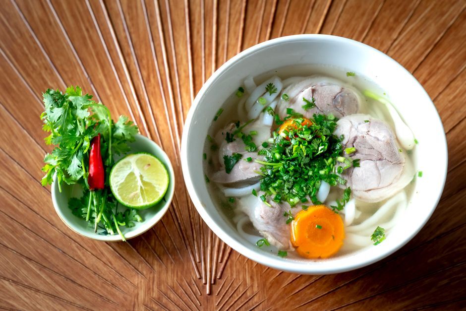 Chicken Pho — Rice noodles and chicken in an aromatic clear broth.