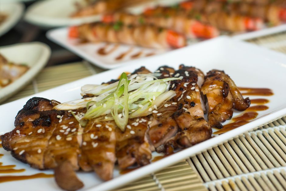 Teriyaki — Grilled chicken glazed in a sweet soy sauce.
