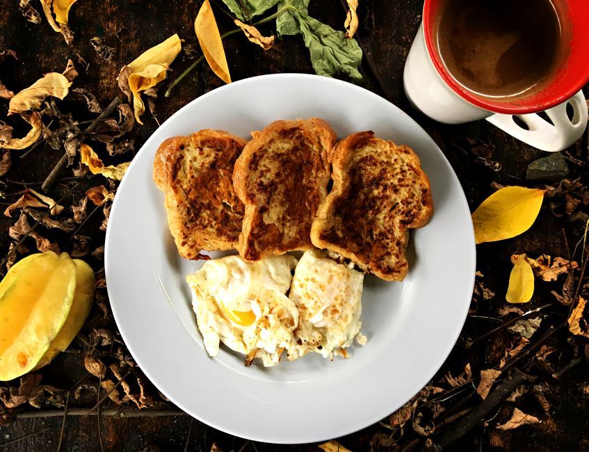 Toast — Bread soaked in egg batter and griddled.