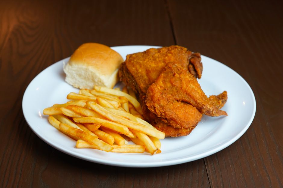 Fried Chicken — Chicken in a seasoned crust, fried until crisp.