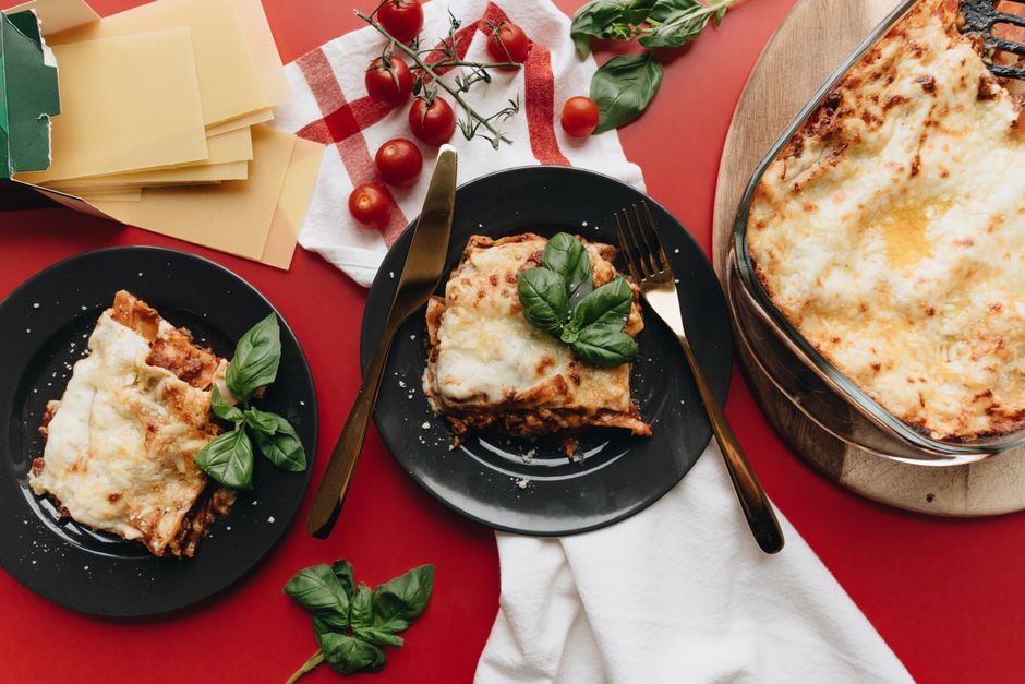 Lasagna — Layered pasta sheets with sauce, cheese and filling, baked.