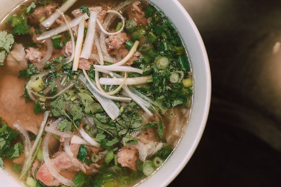 Pho Bo (Beef) — Vietnamese rice-noodle soup in a spiced broth.