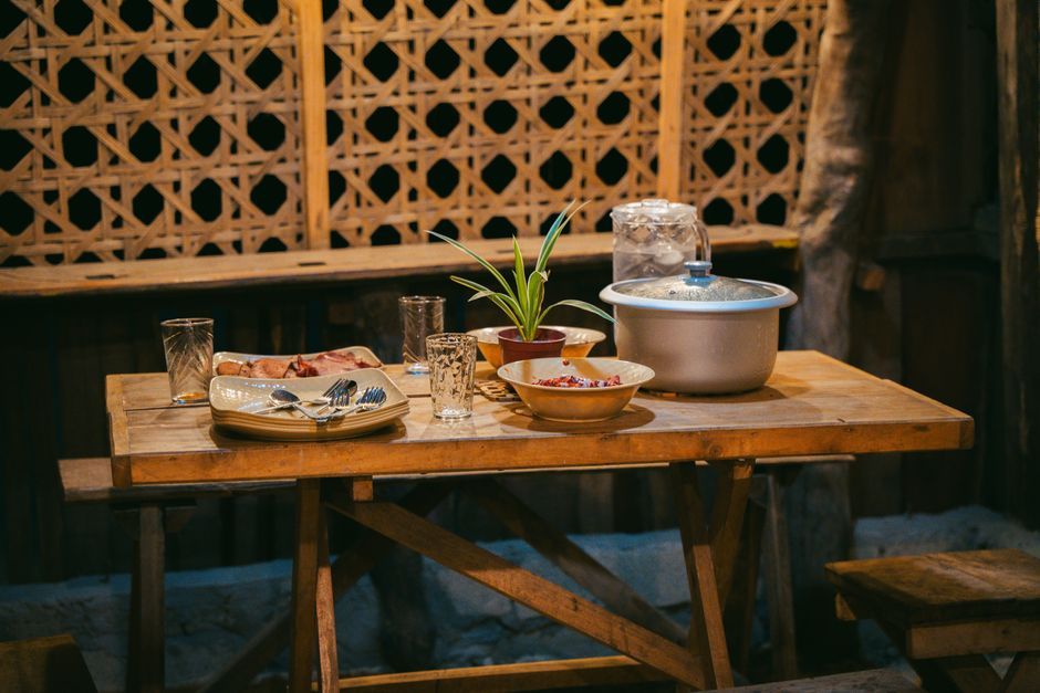 A table set in a small neighbourhood restaurant